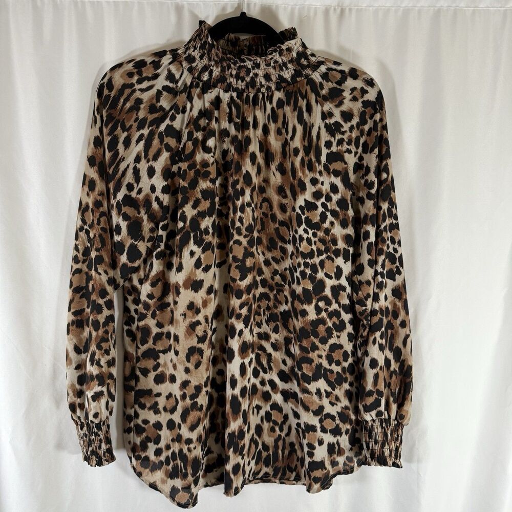 Chico's Blouse Women's Medium Brown Cheetah Print High Neck Lightweight Long Slv - Picture 1 of 11